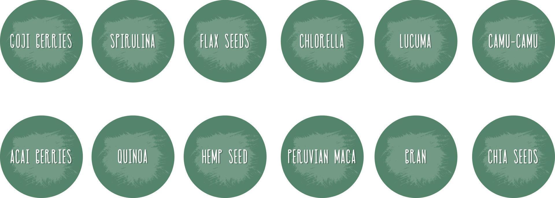 Vector set isolated food labels or stickers for nutritional supplements. Use to label kitchen food containers with spices. Labels, stickers,  frame and nutritional supplements name in English