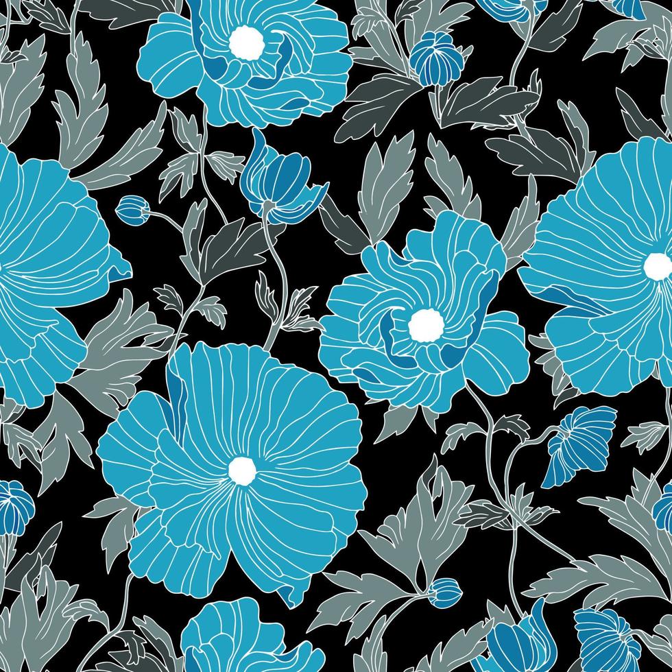 vector seamless pattern flowers of poppies with leaves. Botanical illustration for wallpaper, textile, fabric, clothing, paper, postcards