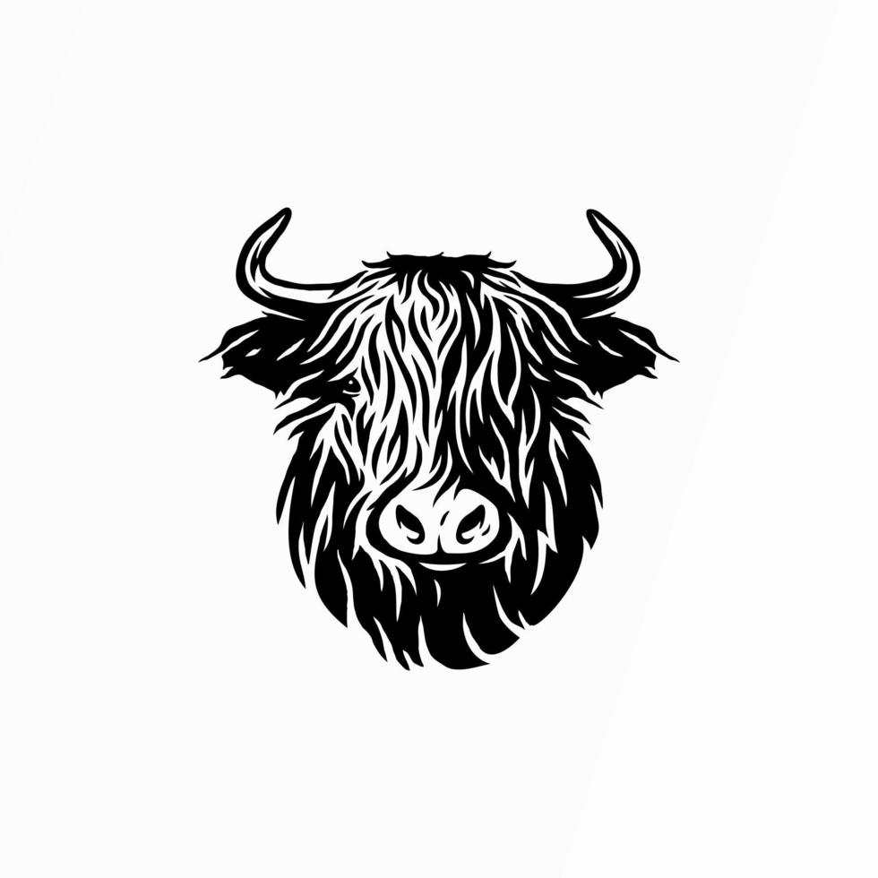 Vector Illustrated portrait of Highland cattle, cow. Cute head of Scottish cattle on white background. Design element for logo, poster, card, banner, emblem, t shirt. Vector illustration