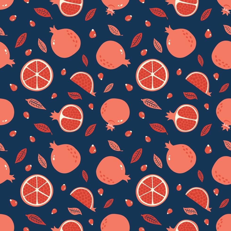 Pomegranate seamless pattern with seeds and leaves on blue background. Hand drawn Garnet ornament. Red tropical fruit texture for print, wallpaper cover, textile, juice package and interior design vector