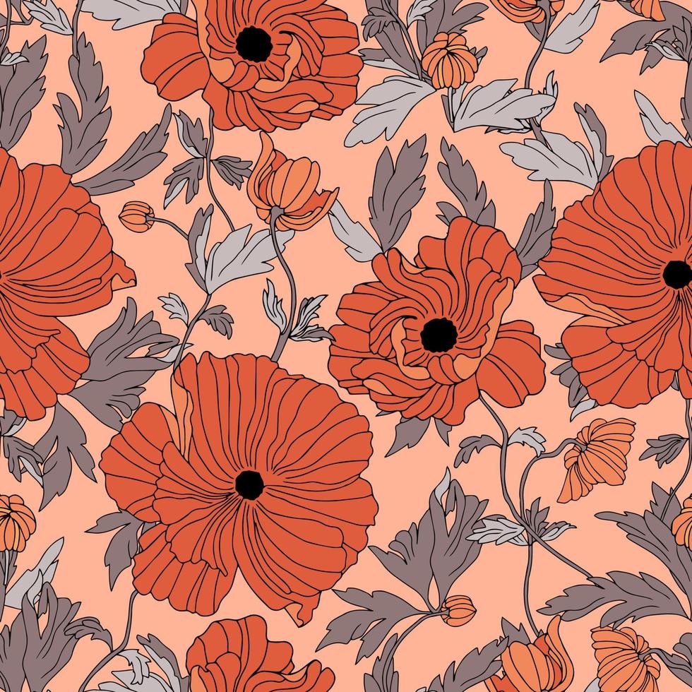 vector seamless pattern flowers of poppies with leaves. Botanical illustration for wallpaper, textile, fabric, clothing, paper, postcards