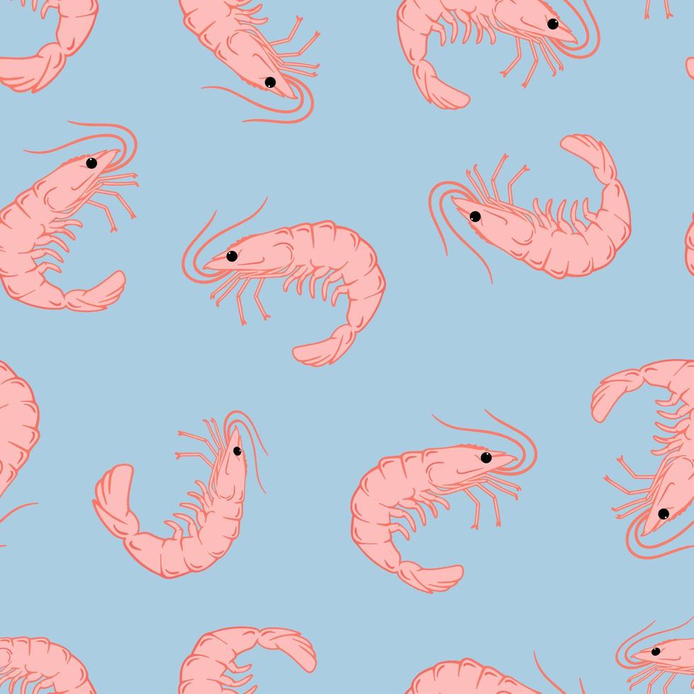 Pink Prawn pattern. Seamless hand drawn vector pattern . Seafood concept. Mediterranean food pattern. Seafood texture design for web banner and print.