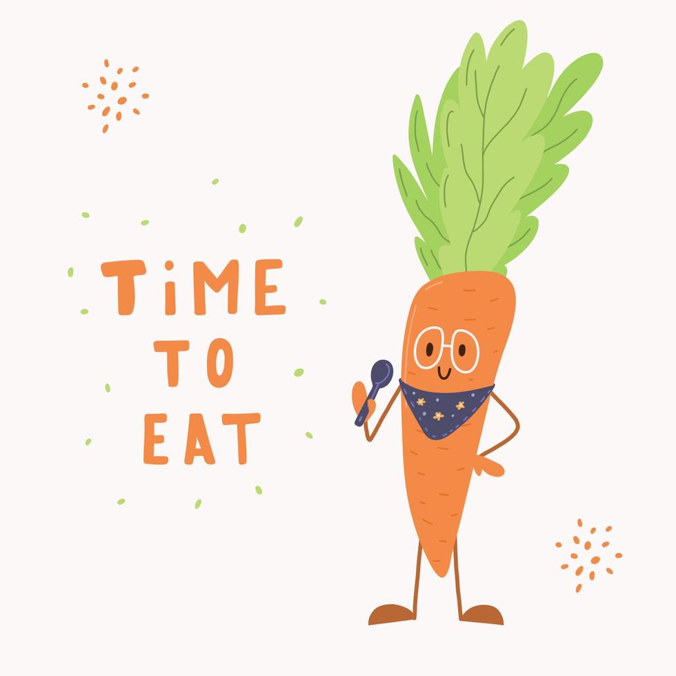 Carrots in glasses for children with a spoon. Time to eat. Healthy food. Vector hand drawn illustration.