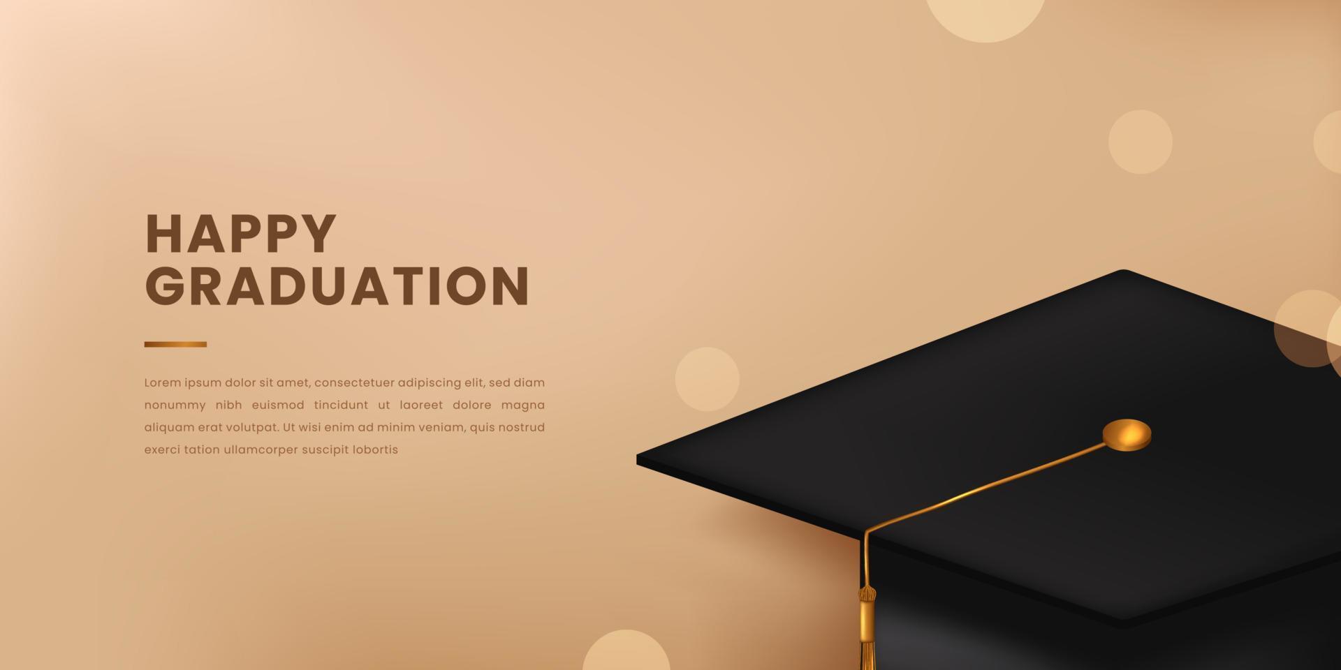 feliz celebración de la fiesta de graduación con un gorro de graduación realista en 3d con un elegante concepto moderno de color dorado para la escuela secundaria o la universidad vector