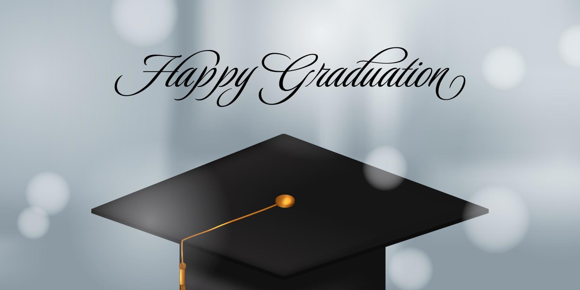 Banner for graduation party with black realistic graduation cap with bokeh effect and white elegant background vector