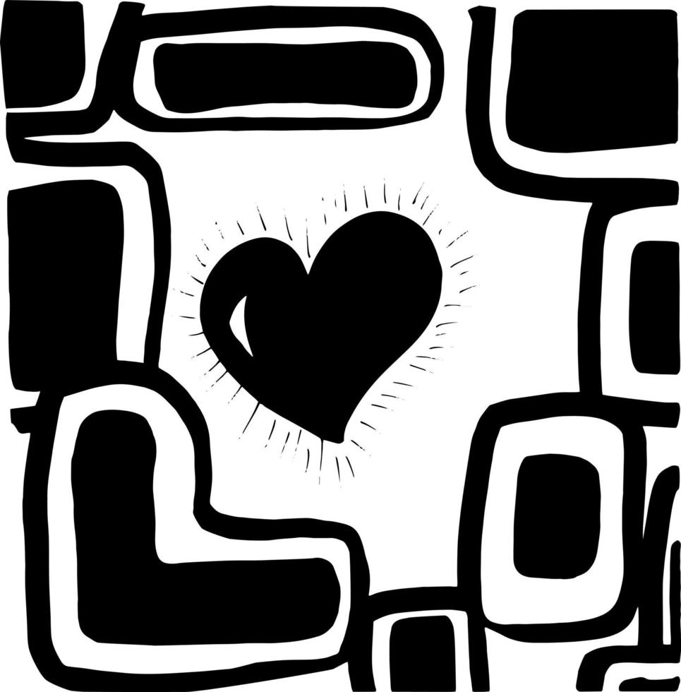 Abstract doodles. Modern hand drawn geometric objects, trendy design, doodles with hearts in the center. Vector illustration.