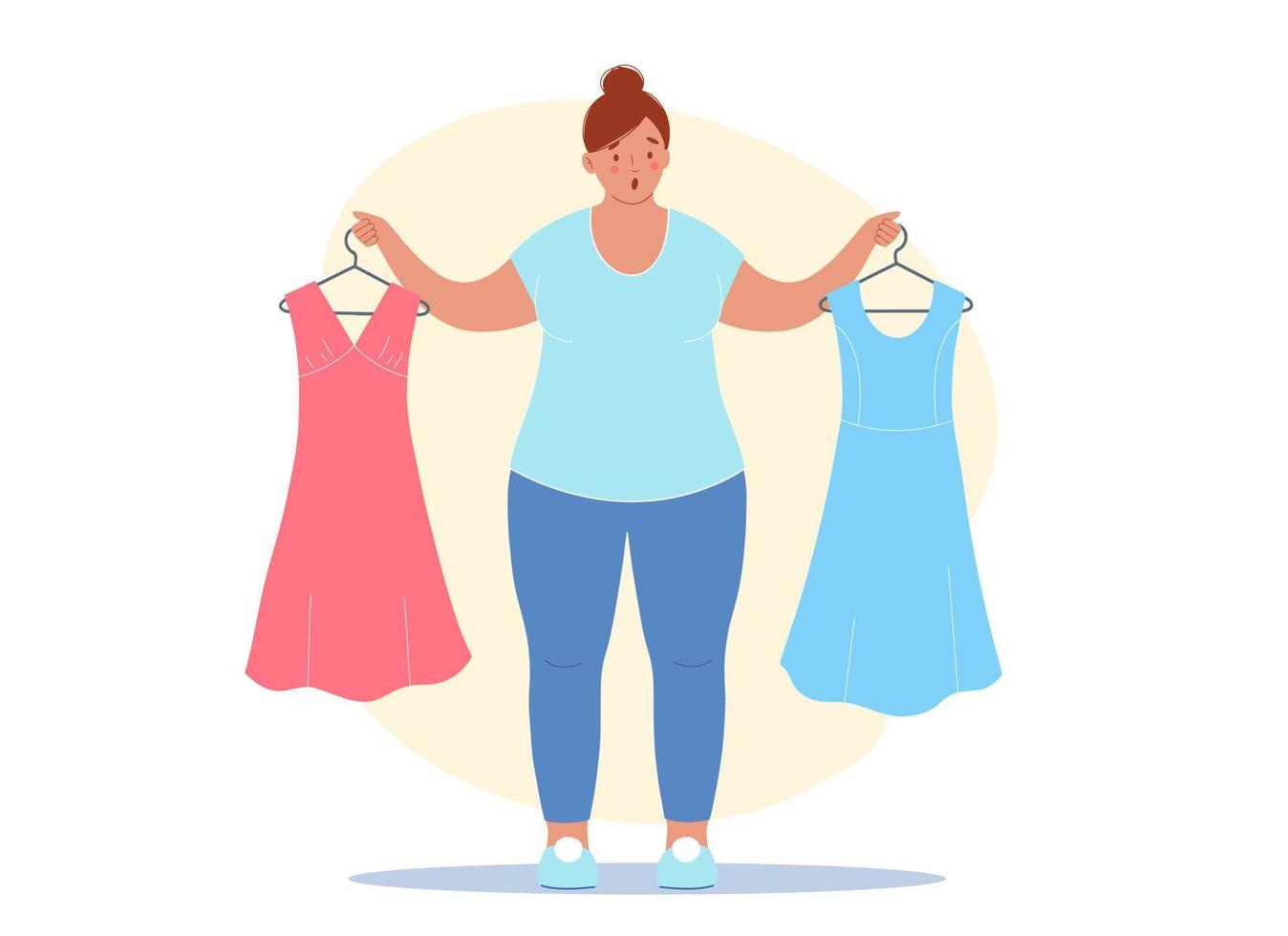 Overweight woman gets upset because of the extra pounds. She is holding her old dresses in her hands, which no longer fit, they are too small for her vector