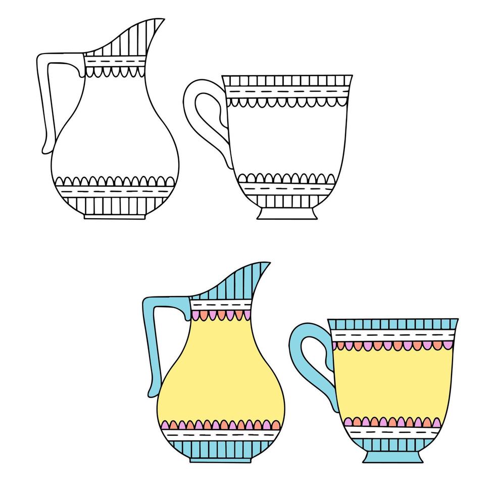 Ceramic tableware milk jug and cup. Color and linear drawing on white background. vector