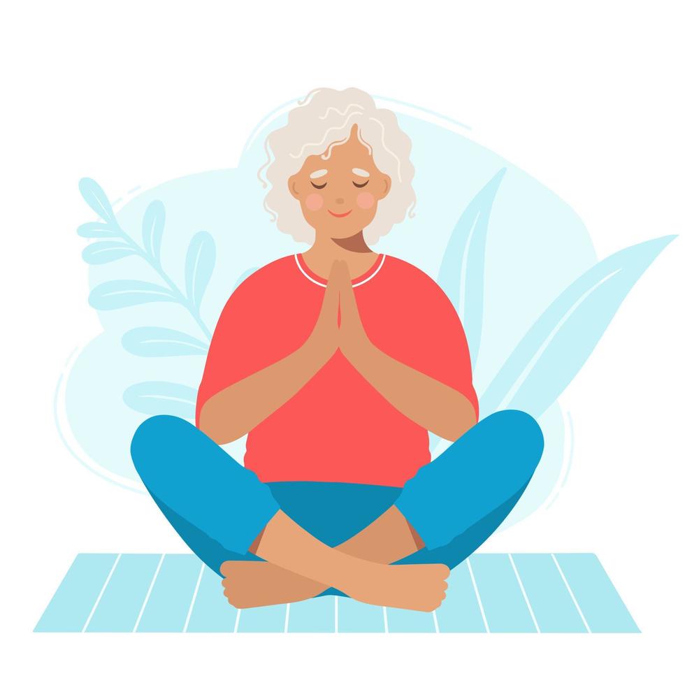 Mature senior woman practicing zen position on yoga mat isolated on white background vector