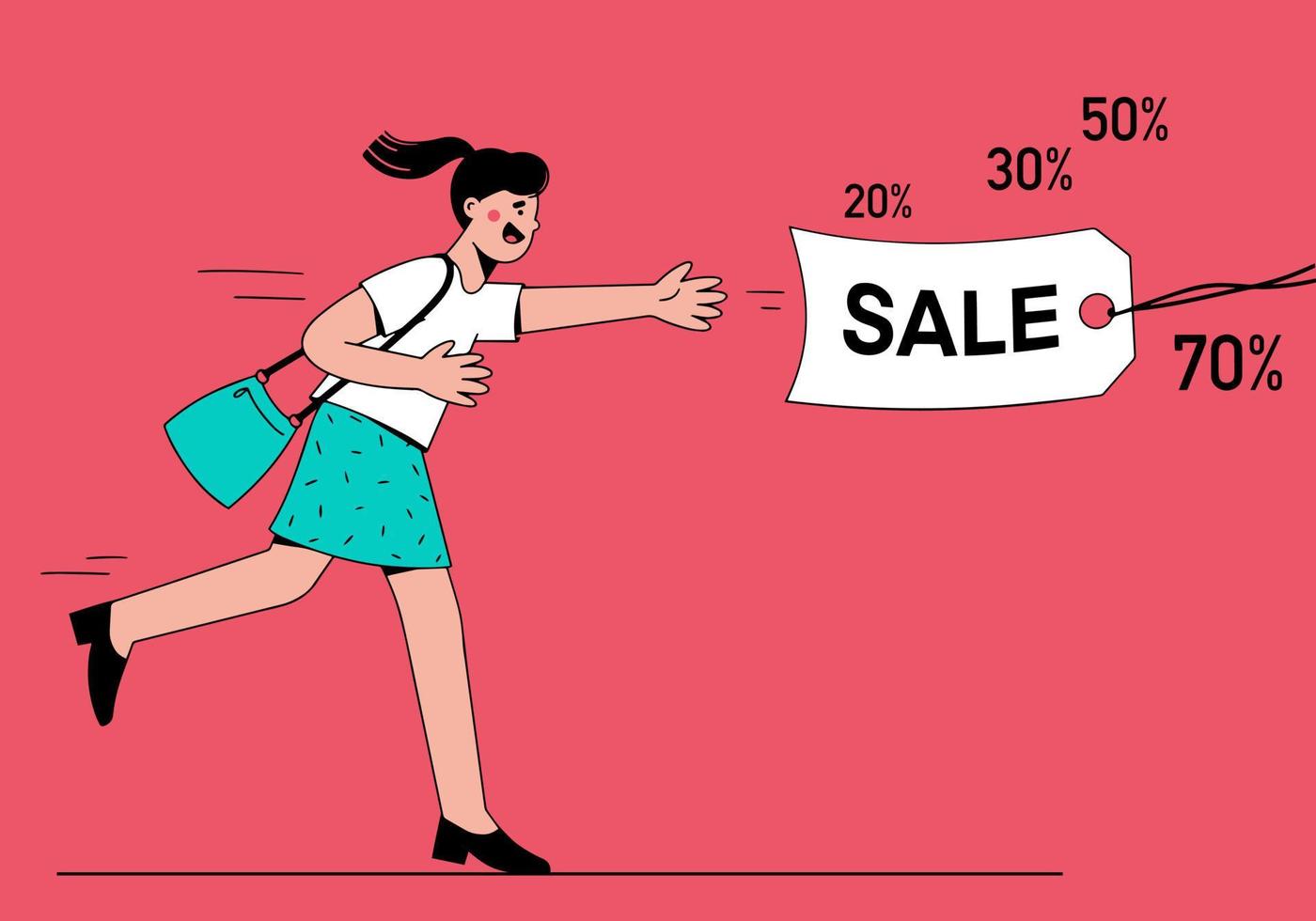 Young woman runs for a label that says Sale. Day of big discounts vector