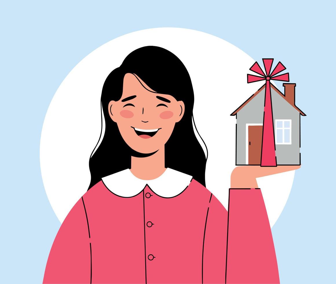Happy woman holds a new house in her hand. Purchase or donation of housing vector