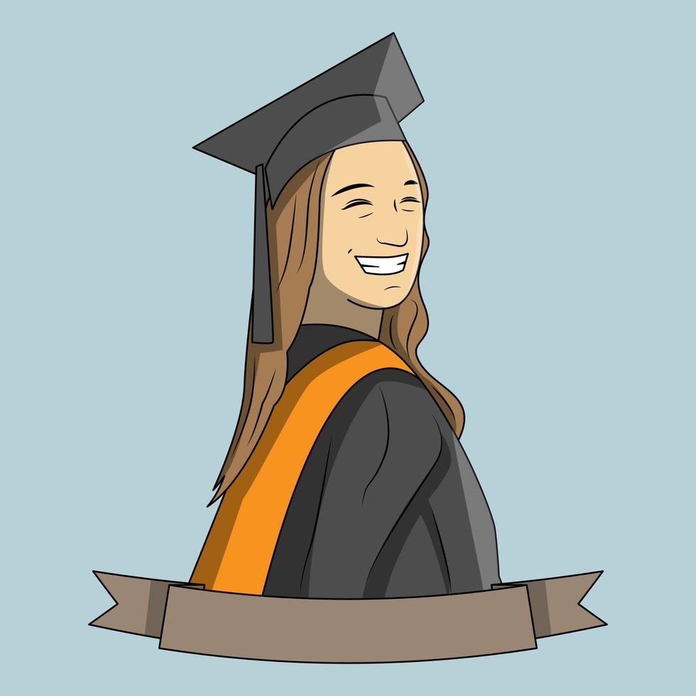 Happy University graduate girl in black dress on blue background. Flat design vector illustration