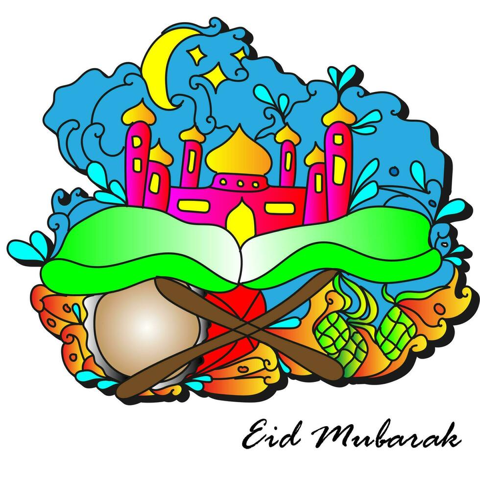 eid mubarak doodle vector illustration