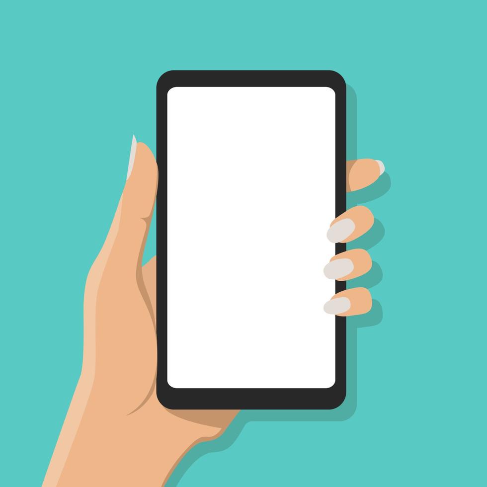 Female hand holds a smartphone with a blank white empty touchscreen isolated vector