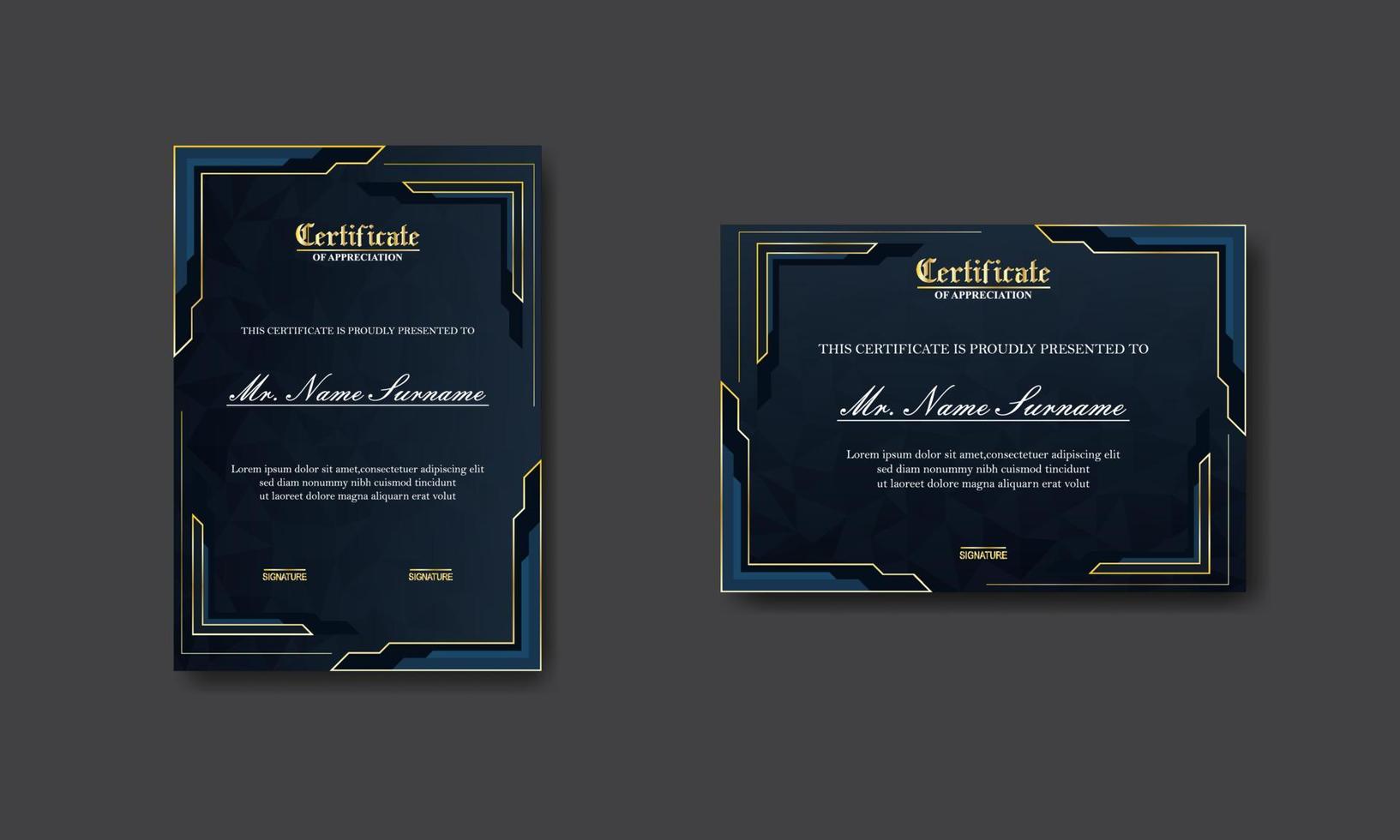 luxury certificate template design, modern with an elegant blend of gray and light blue colors along with a classic polygon texture behind it. vector