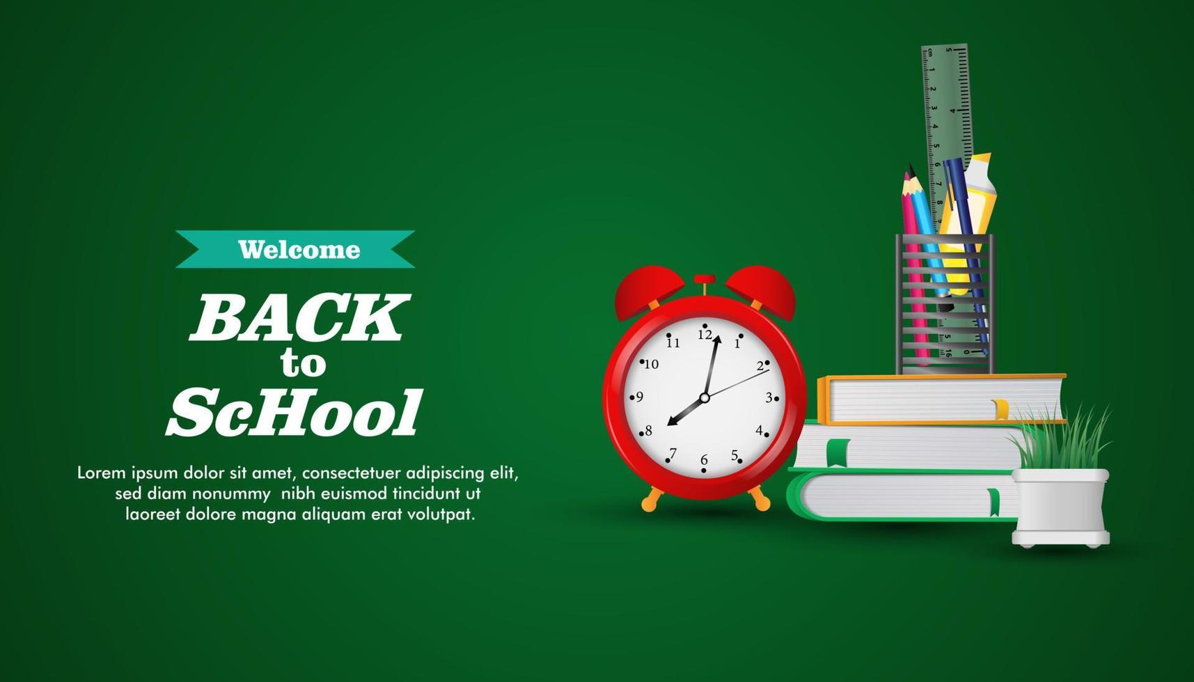 school equipment with alarm clock and books. back to school vector
