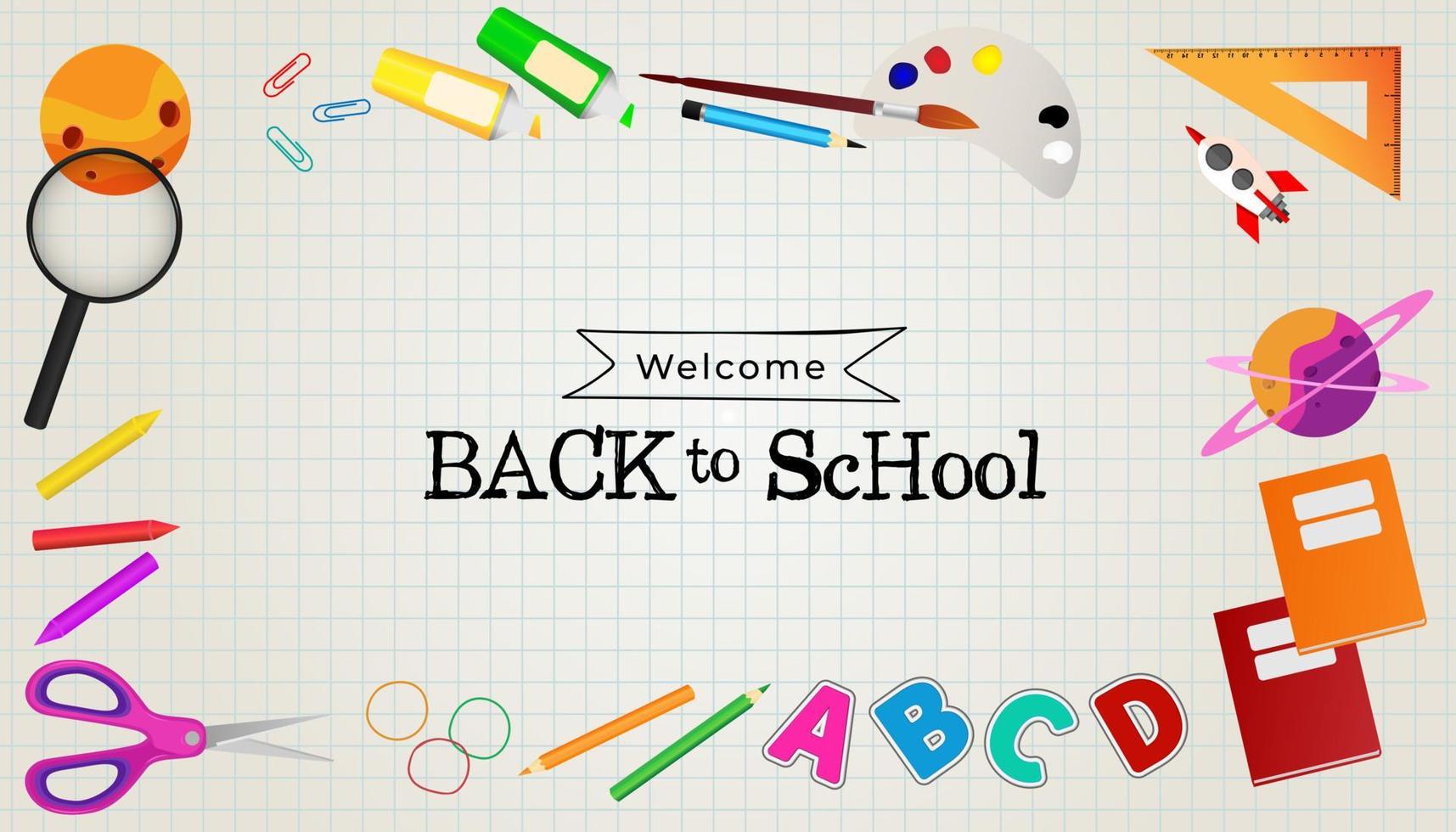 welcome back to school. school equipment background and ready to learn vector