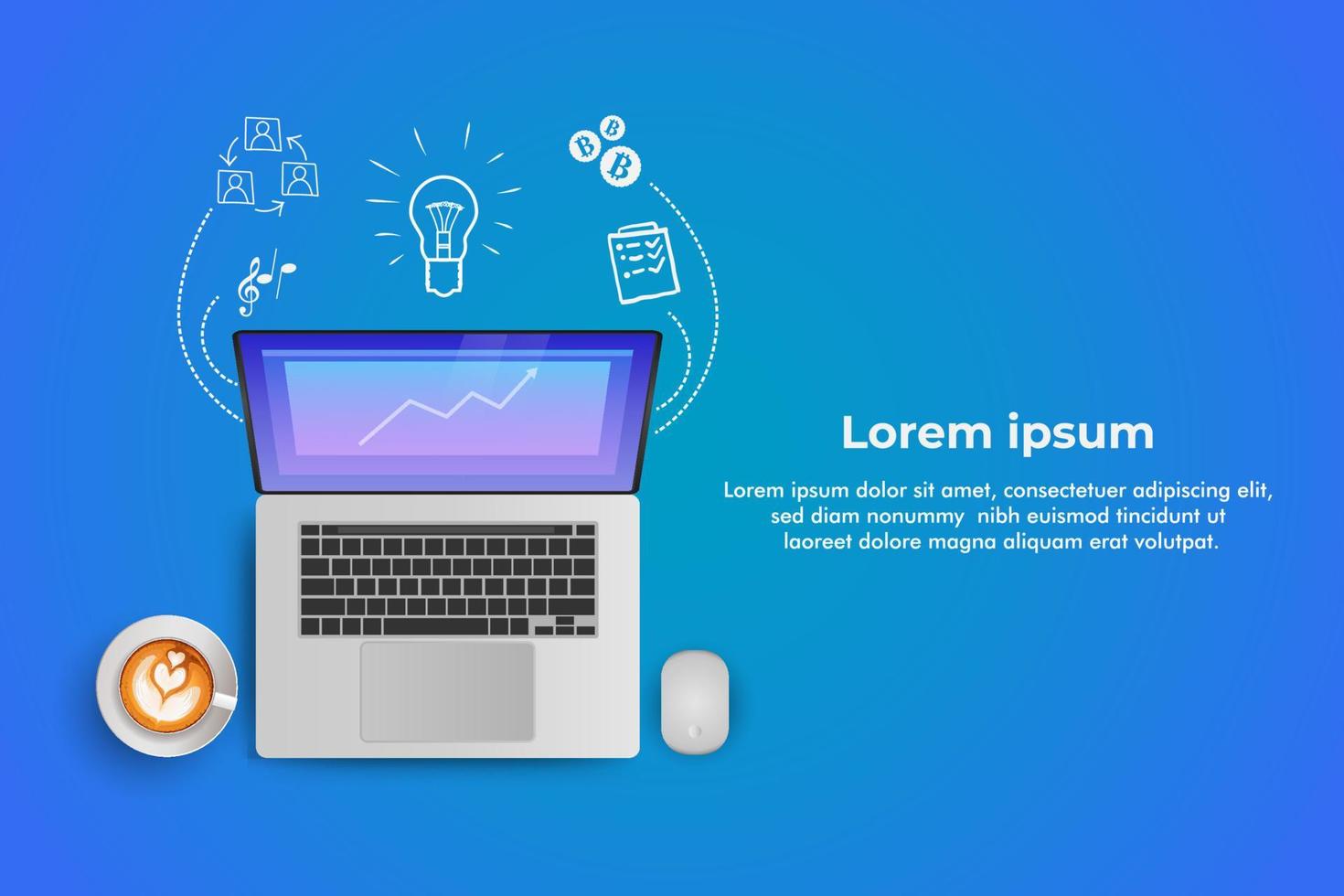business start up. background with blue light with laptop, mouse and coffee. vector