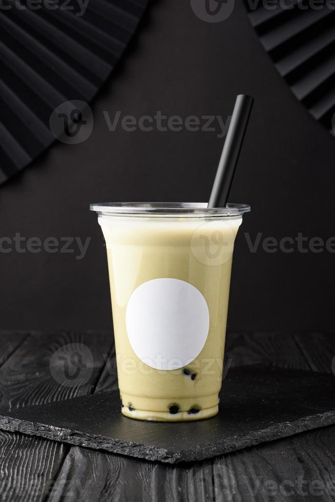 Taiwan milk tea with bubble on wood background photo