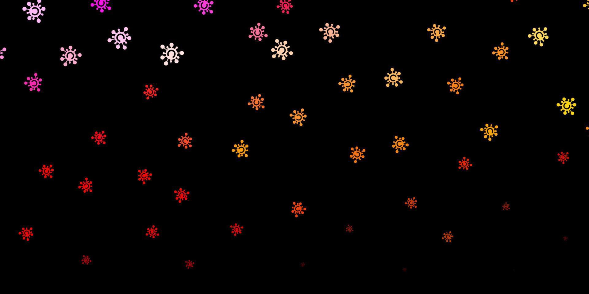 Dark red, yellow vector background with covid-19 symbols.