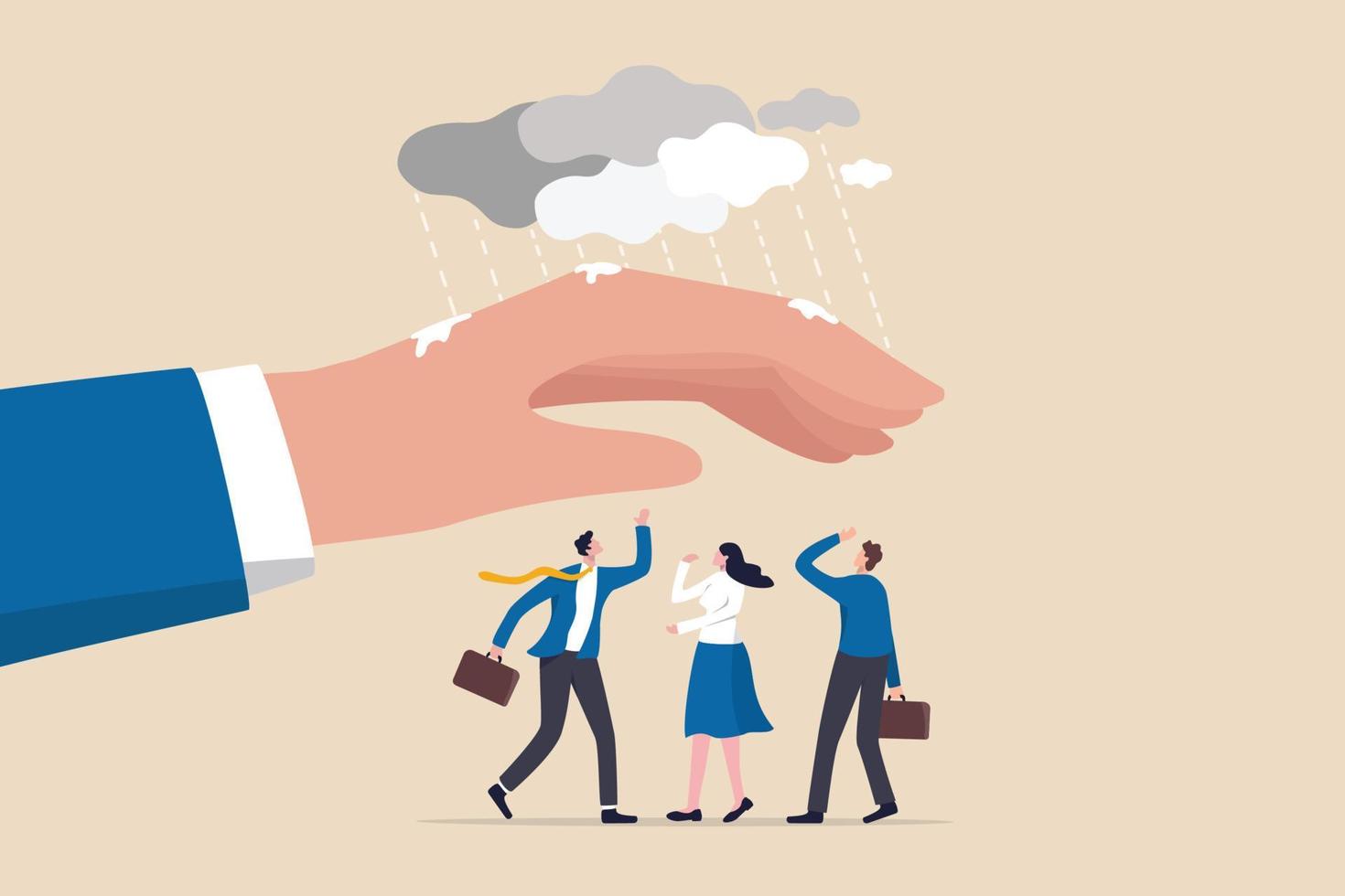 Employee care benefit, worker insurance or protection, boss or manager to protect team and colleagues, leader or boss to help employee concept, giant businessman hand cover team member from rainstorm. vector