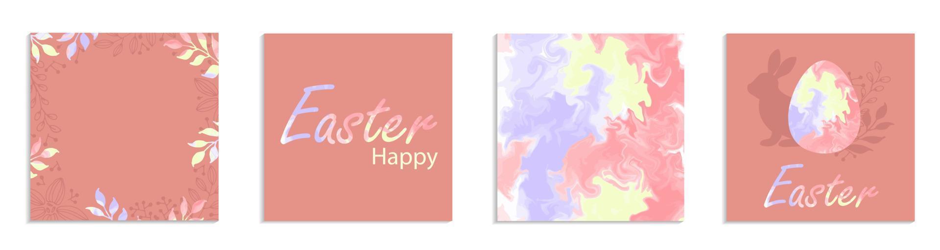 Square templates for social networks. Happy Easter banner. Floral patterns with the effect of liquid ink. Advertising holiday templates. Vector illustration.