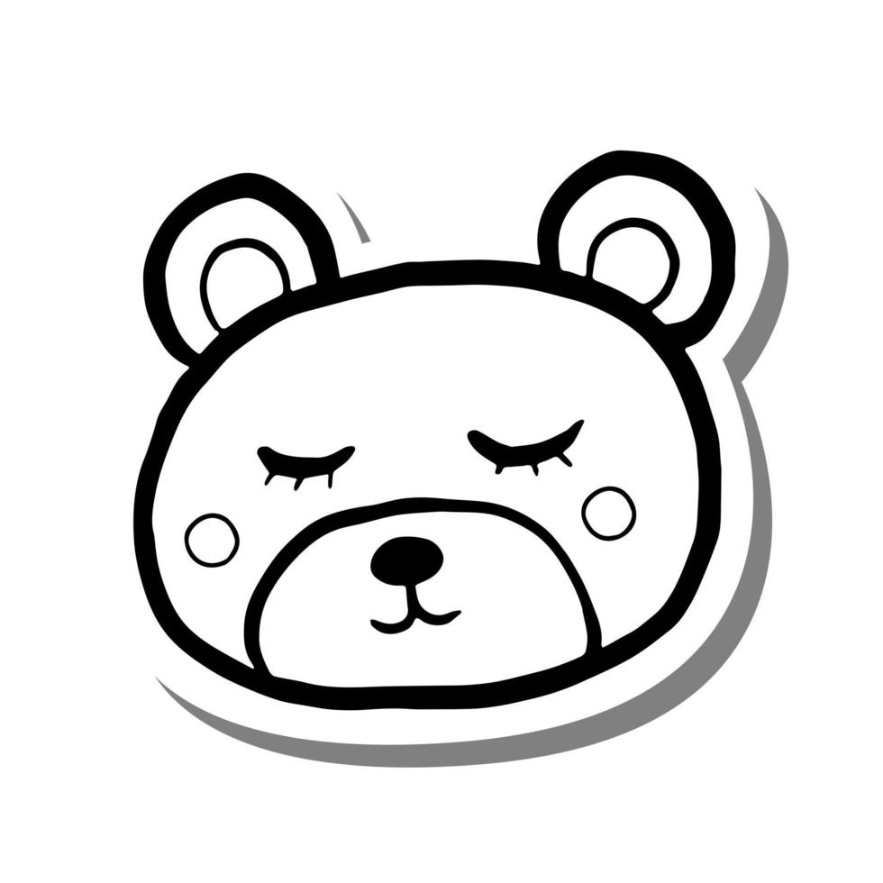 Black line cute cartoon bear sleep face. Doodle on white silhouette and gray shadow. Vector illustration for decorate, coloring and any design.