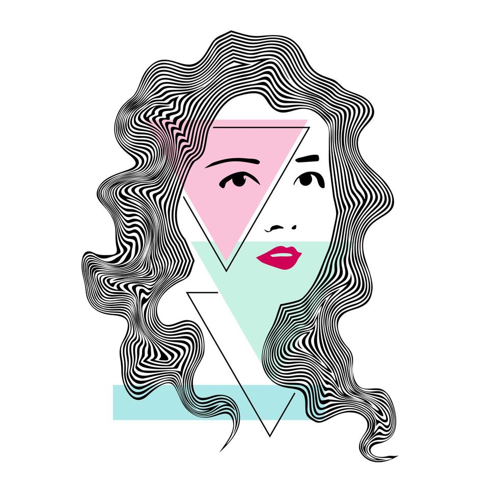 Female face art with wavy long hair vector illustration