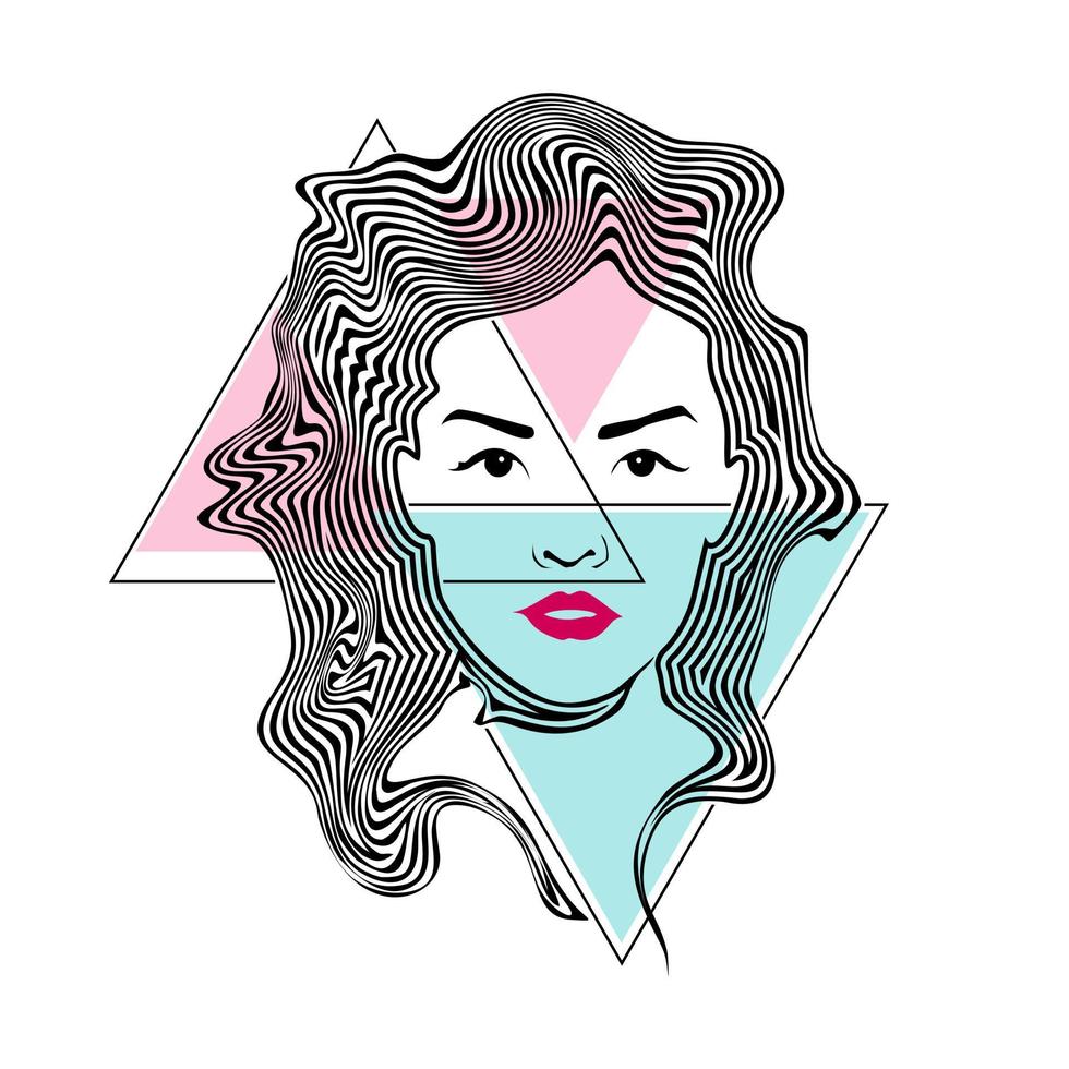 Girl face portrait with wavy line hair line art vector