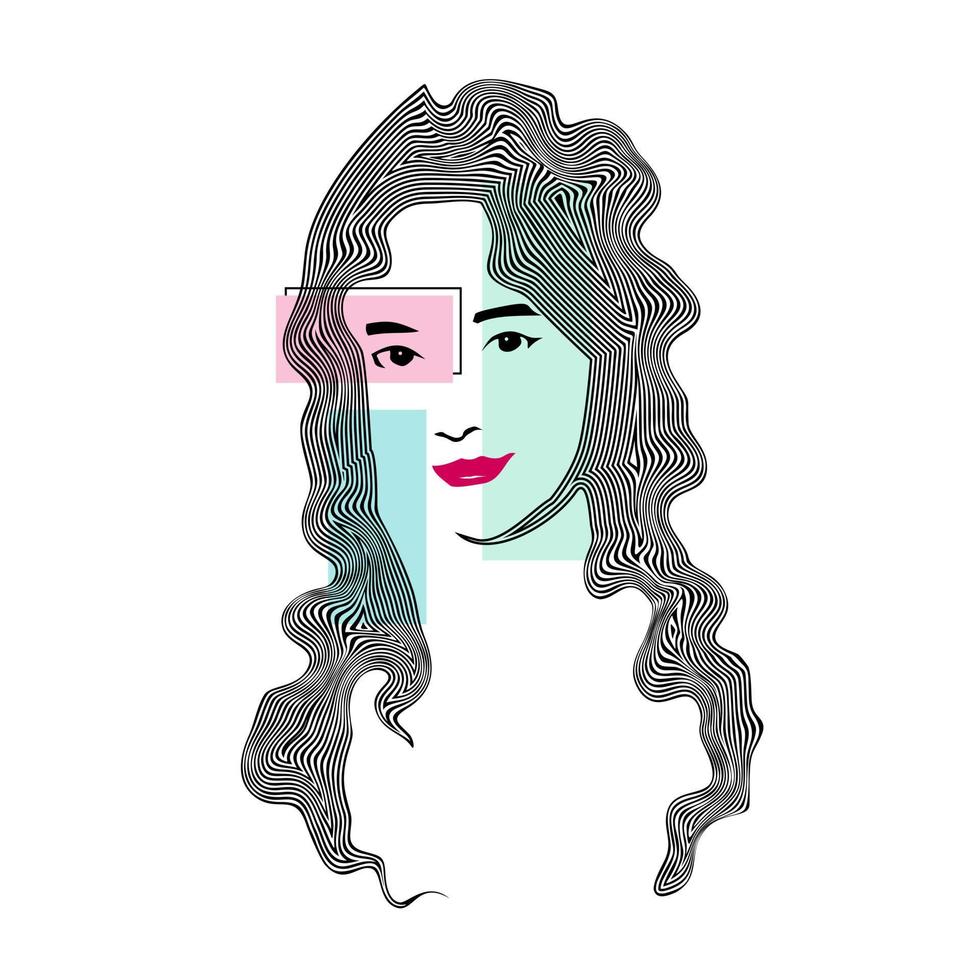 Woman face with long hair in wavy abstract style. Vector illustration