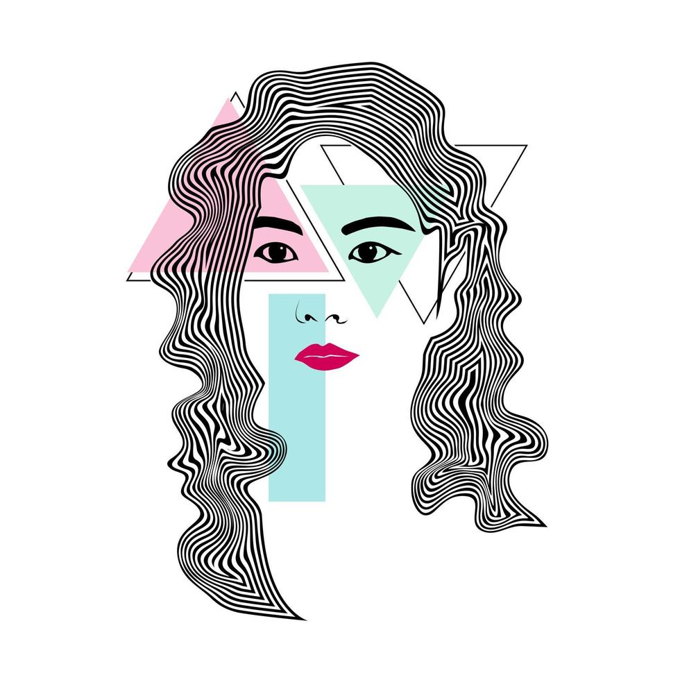 Female face with long hair abstract wavy lines vector