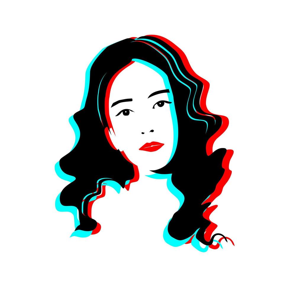 Girl face portrait line art with glitch effect vector