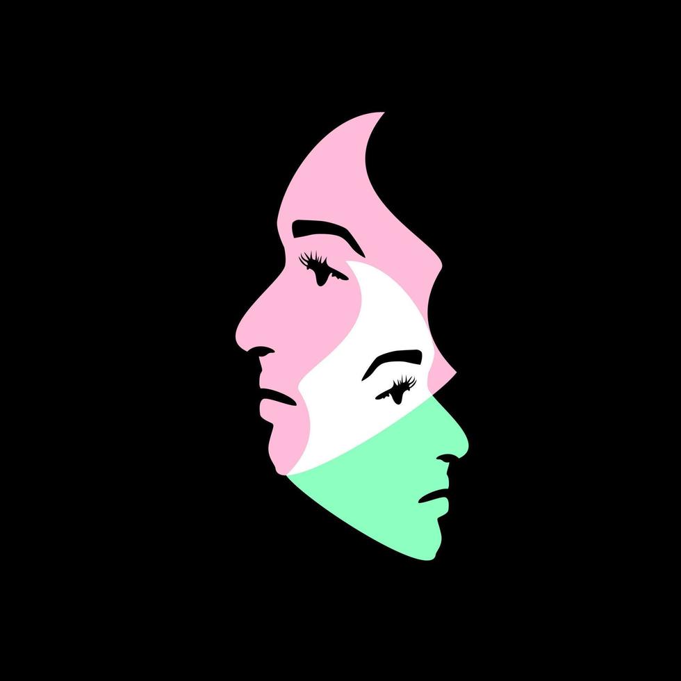 Line art of girl face with double exposure style. Vector illustration