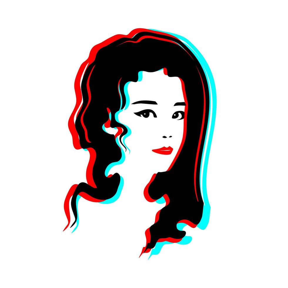 Beautiful girl face line art with blue and red color glitch effect vector