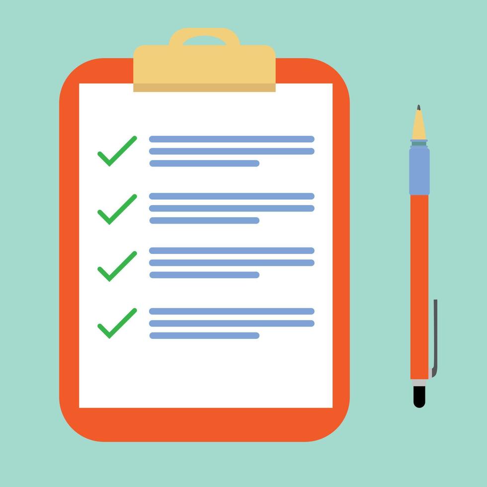 Clipboard checklist with assessment. Paperwork, sheets in folder flat design vector