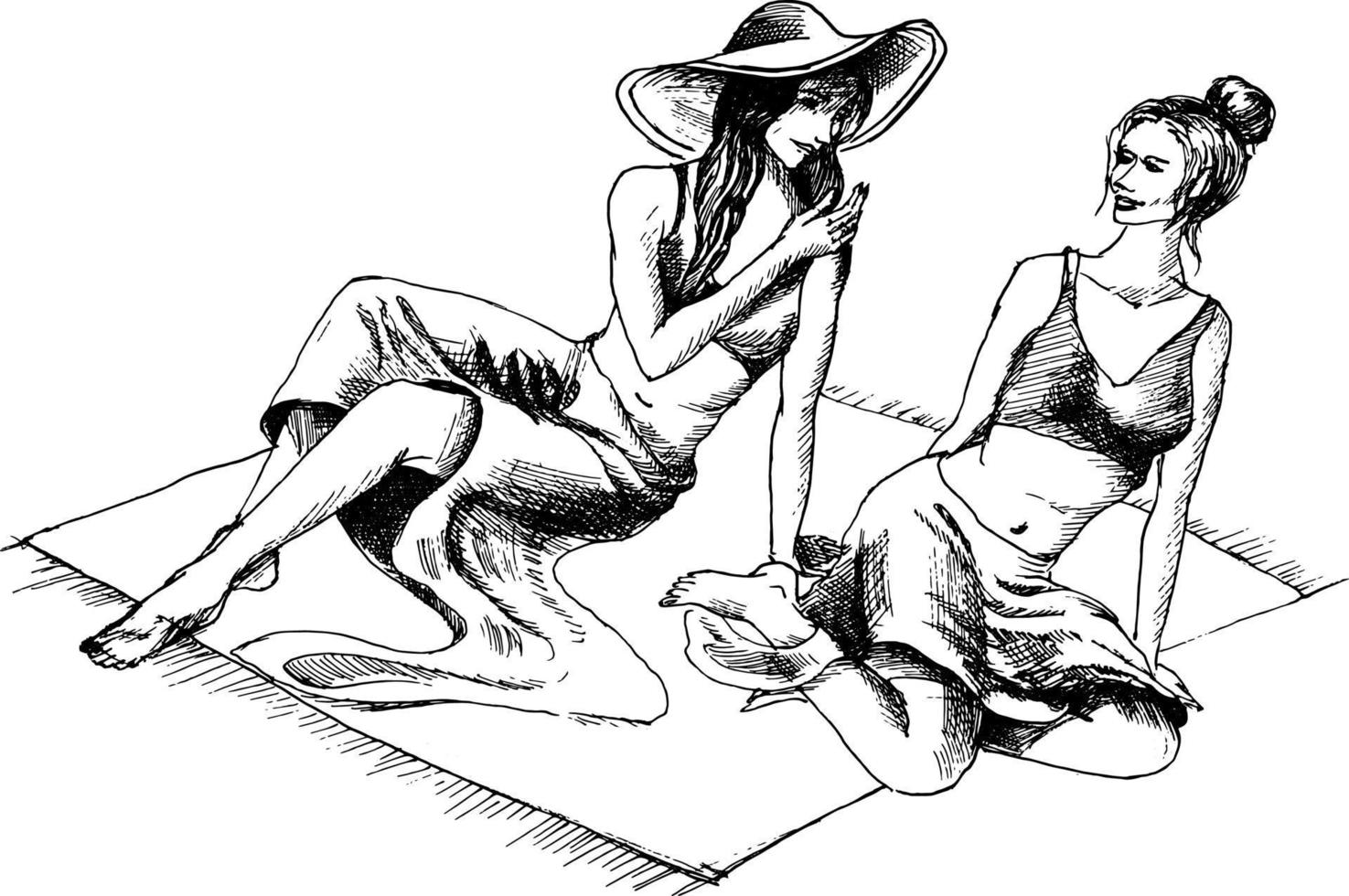 Two girls on the beach speaking and smiling. Hand drawn black and white vector illustration