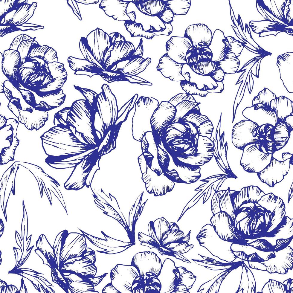 Botanical vector seamless pattern in toile de jouy style with hand drawn globe flowers. All elements are isolated for easier editing. Texture for ceramic tile, wallpapers, wrapping gifts