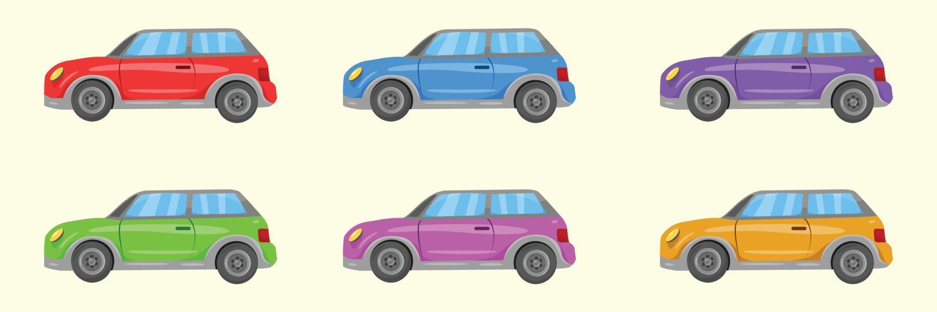 coches con diferentes colores en un estilo de diseño plano. colección de conjunto de vectores