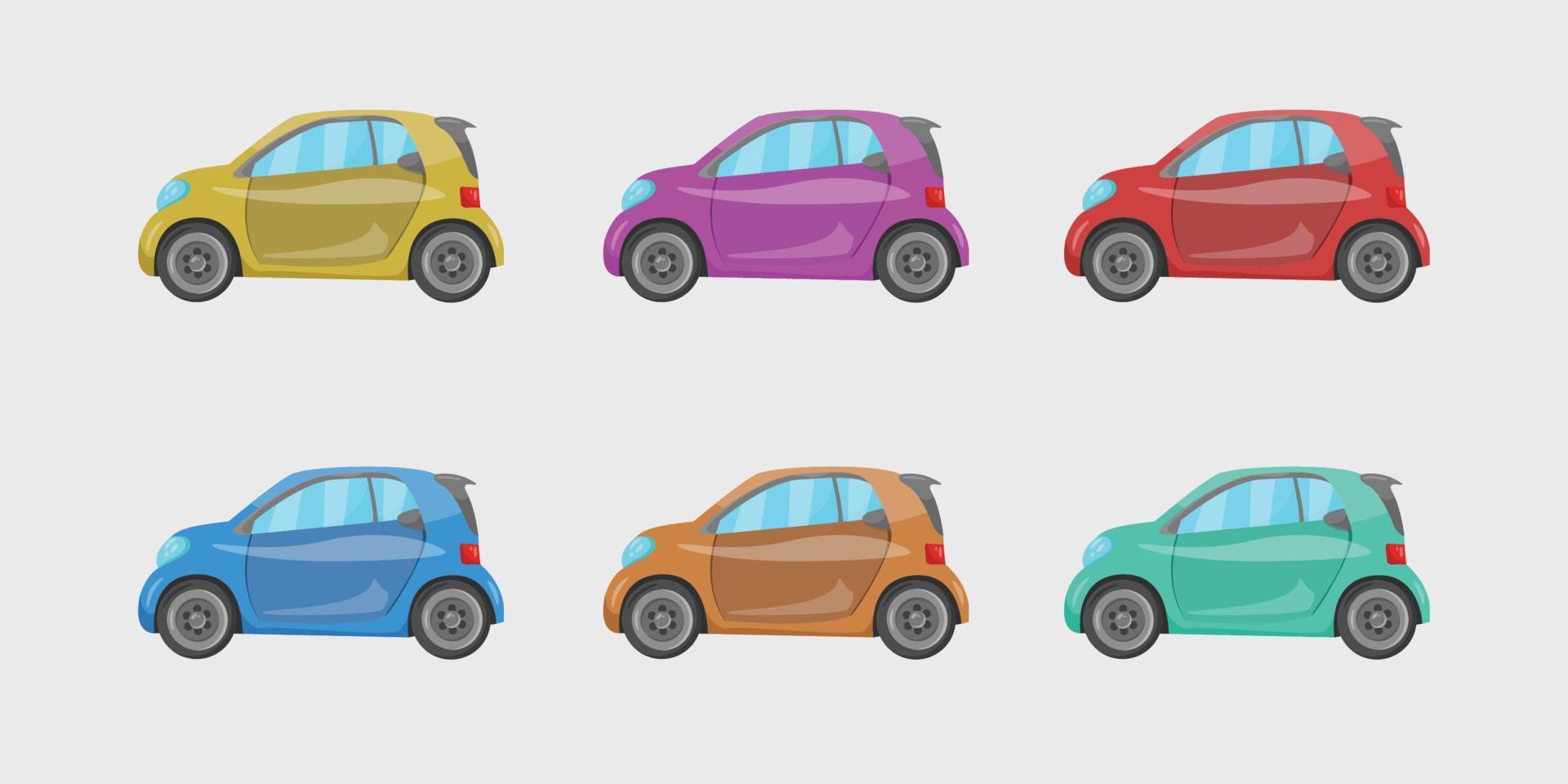 colorido mini coche ambientado en un estilo de diseño plano. colección de conjunto de vectores
