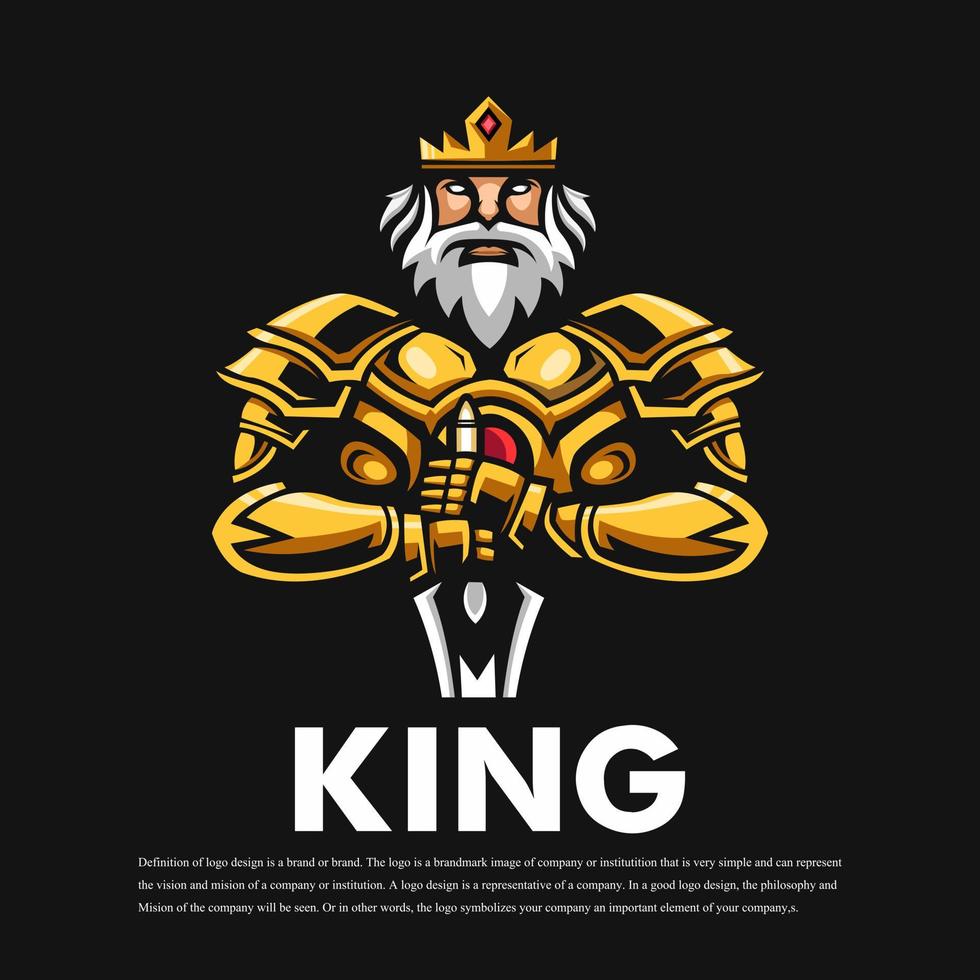 vector de diseño del logotipo de la mascota rey con un estilo de concepto de ilustración moderno para la impresión de insignias, emblemas y camisetas. el rey viste un traje dorado sosteniendo una espada