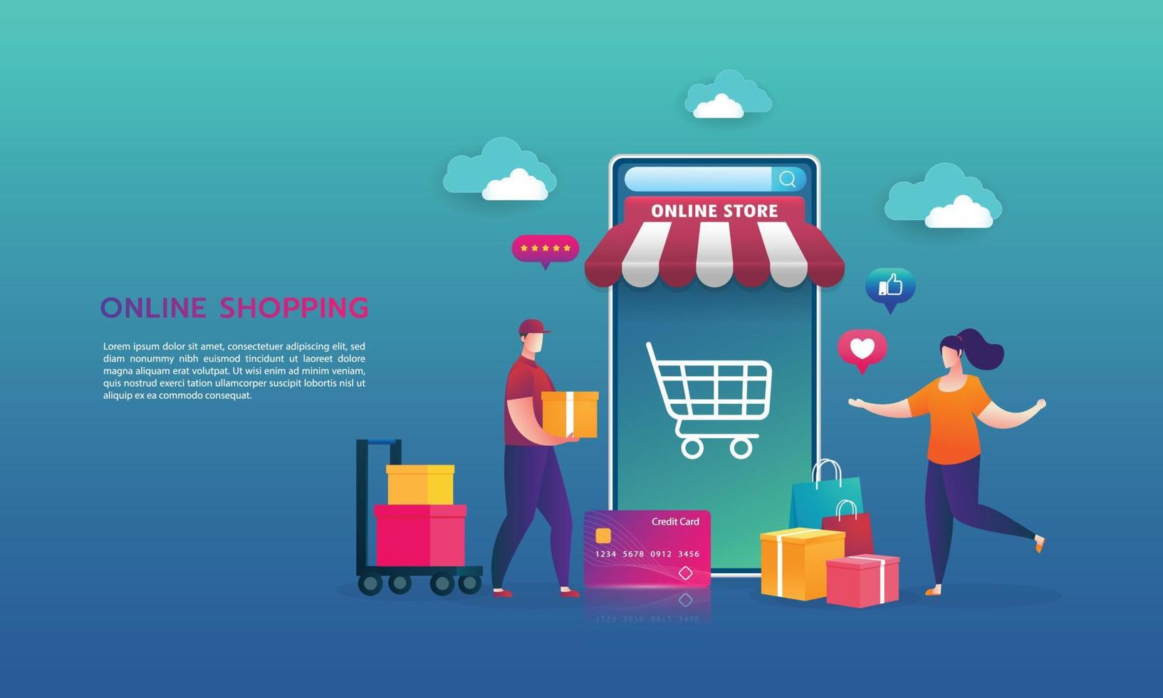 Online shopping on website E-commerce or mobile phone applications vector concepts and digital marketing. The woman is shopping on mobile phone and the man is delivering.