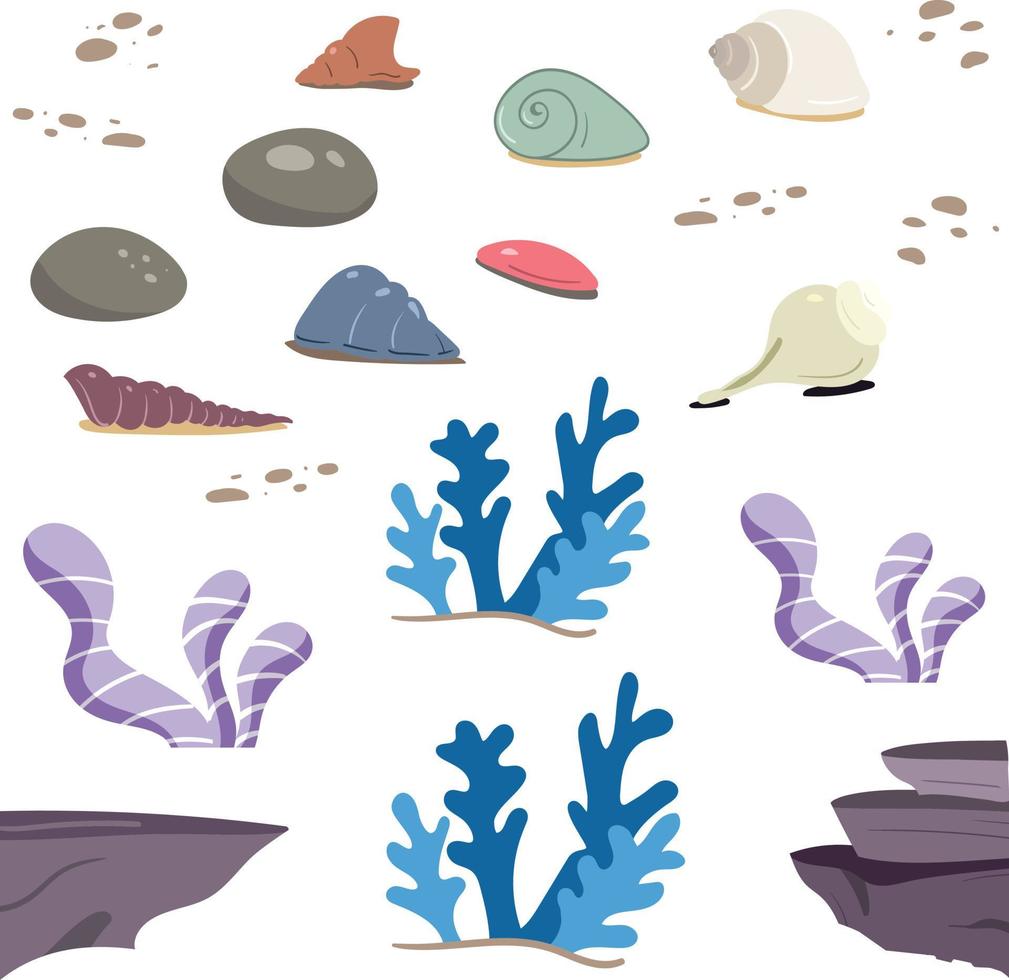 Underwater elements vector pack. Rocks corals reefs and seaweeds.