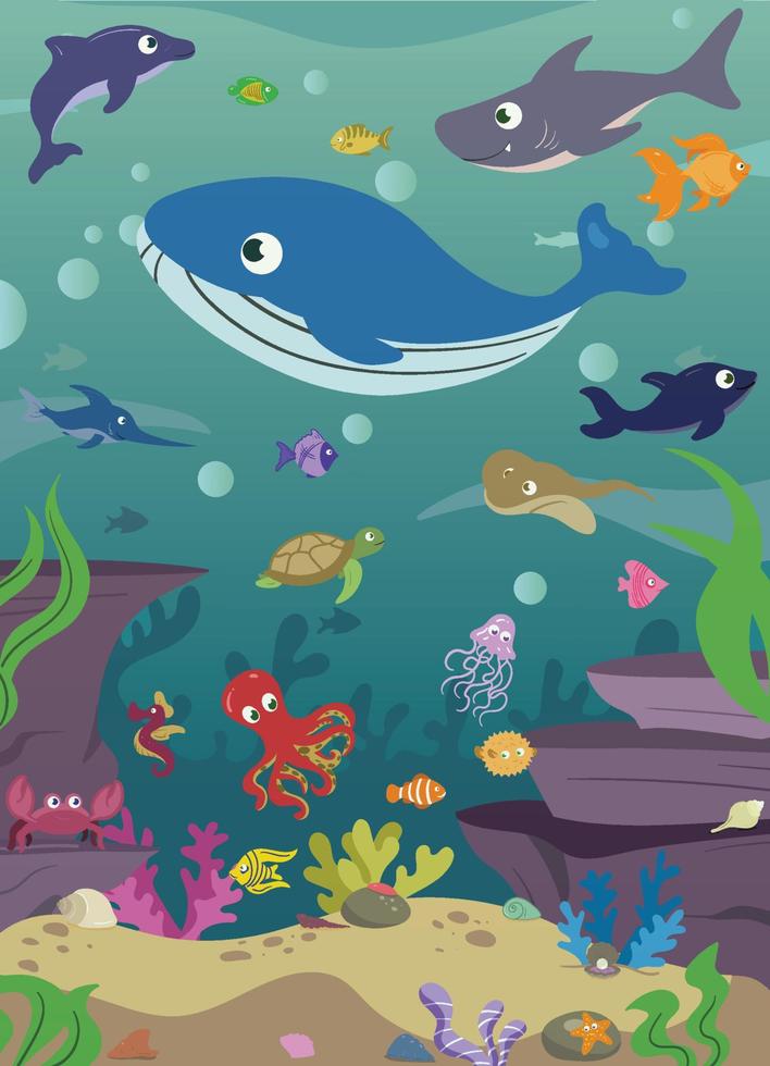 Underwater Aquatic Scene with Cute Adorable Fishes Water Corals Plants Rocks Sand. Ocean Background Scene. Underwater Elements Set. Kids Book Fishes Illustration Hand Drawn. Fishes undersea. Aquarium. vector
