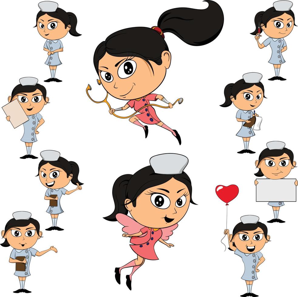 International Nurses Day celebration Vector Illustrations Pack of 10 Nurse Characters in Uniform Pointing in different directions and holding signs.
