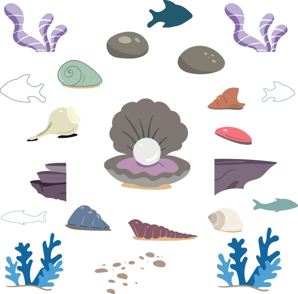 Underwater elements vector pack. Rocks corals reefs and seaweeds.