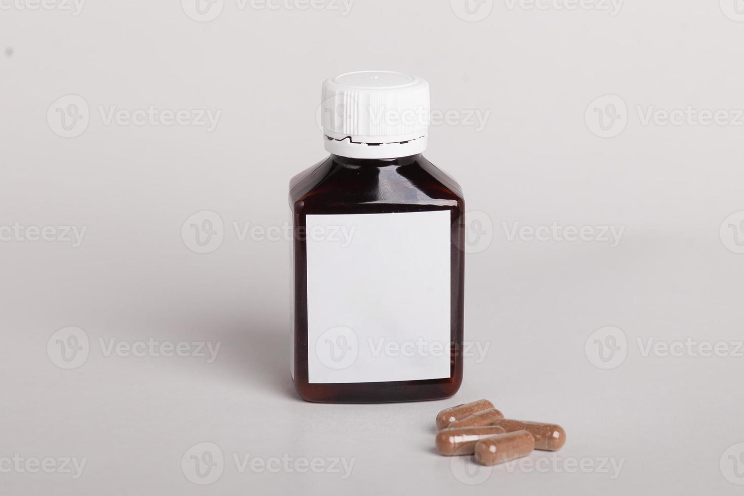 White pills box. Plastic bottles. Drugs box mock-up. Medical blank cardboard. Mockup. Pills bottle photo