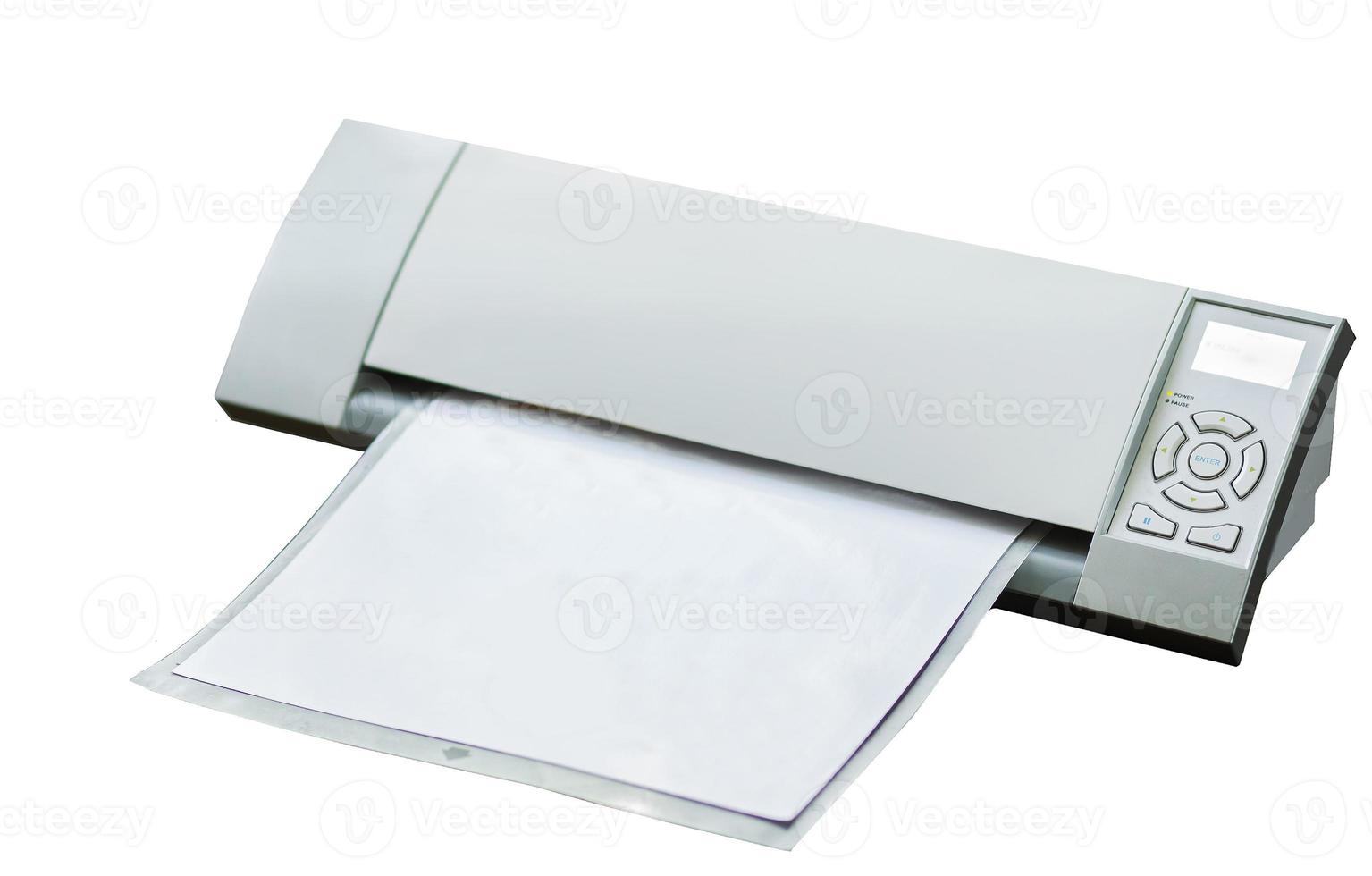 Cutting plotter. Paper cut machine for scrapbook isolated on white background. Craft equipment with sticky pad photo