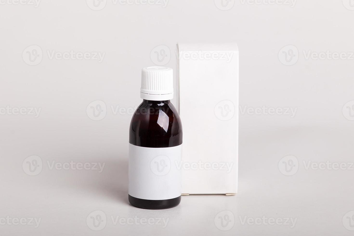 White pills box. Plastic bottles. Drugs box mock-up. Medical blank cardboard. Mockup. Pills bottle photo