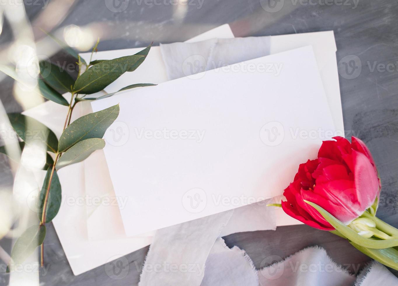 Blank paper copy space. Frame with flowers. Silk ribbon. Gray background. Simple bouquet. Greeting card. photo