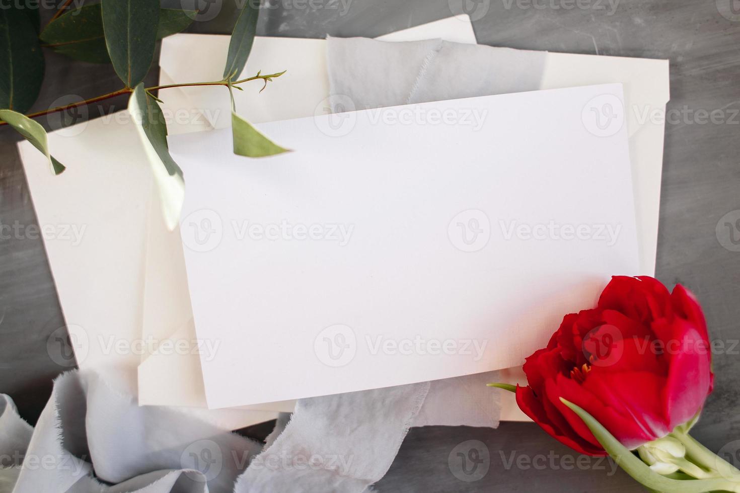 Blank paper copy space. Frame with flowers. Silk ribbon. Gray background. Simple bouquet. Greeting card. photo